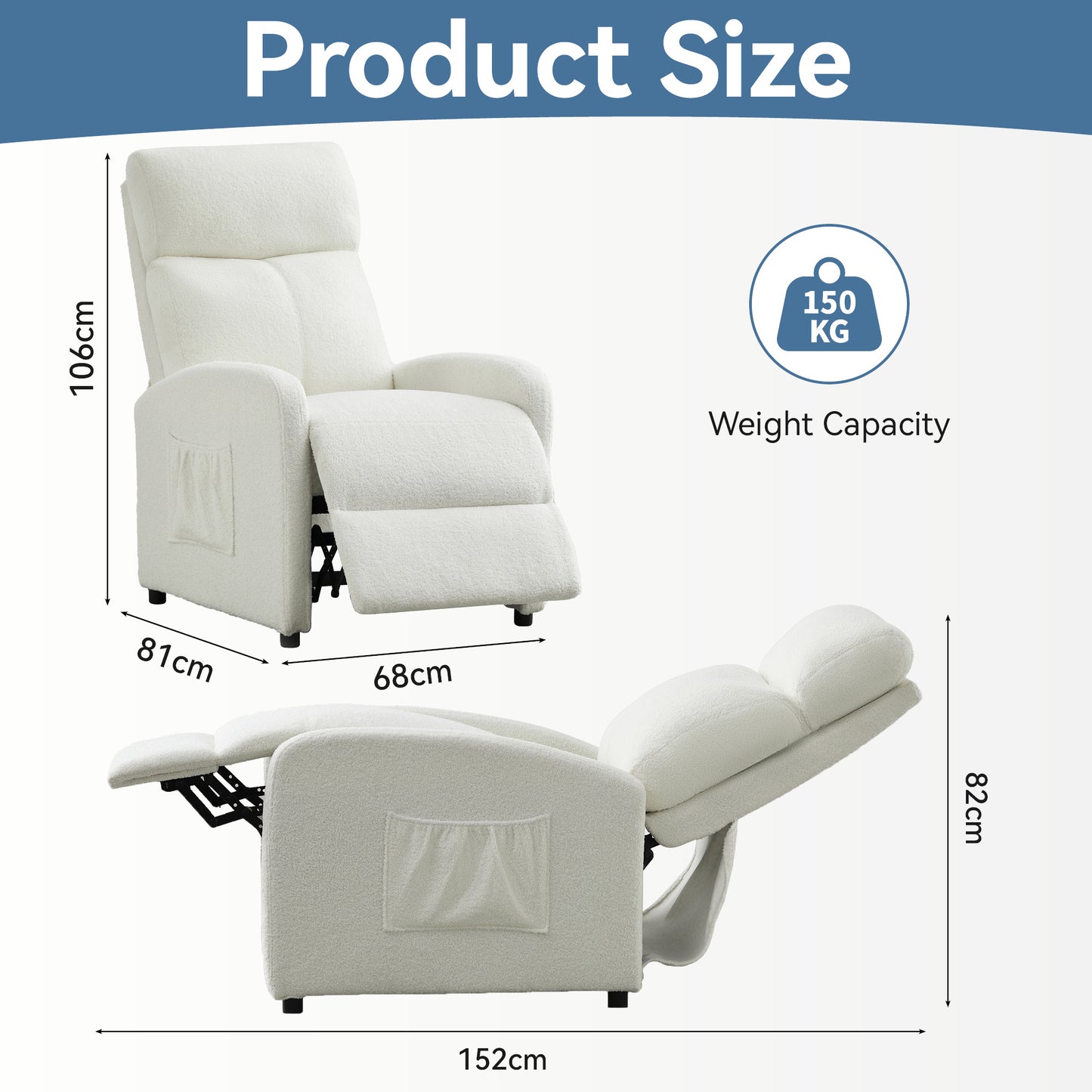 Push Back Recliner Chair Bed , Single Sofa with Lumbar Support, Padded Backrest, Side Pocket and Adjustable Leg Rest for Home Living Room