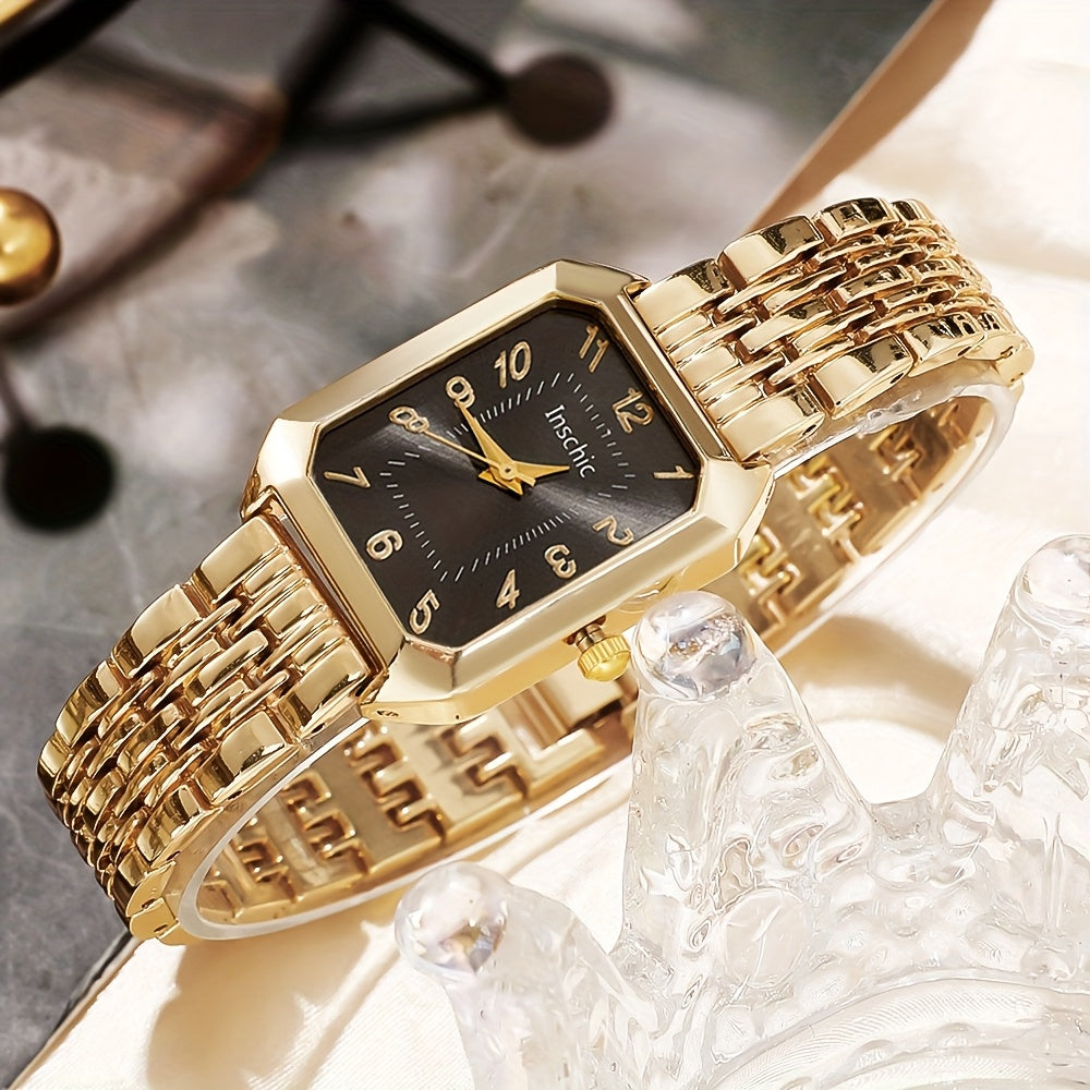 6pcs SHAARMS Women'S Elegant Square Quartz Watch Set with Heart Pendant - Luxury & Golden-Tone Dial, Square Case, Dial & Band, Non-Rechargeable Battery