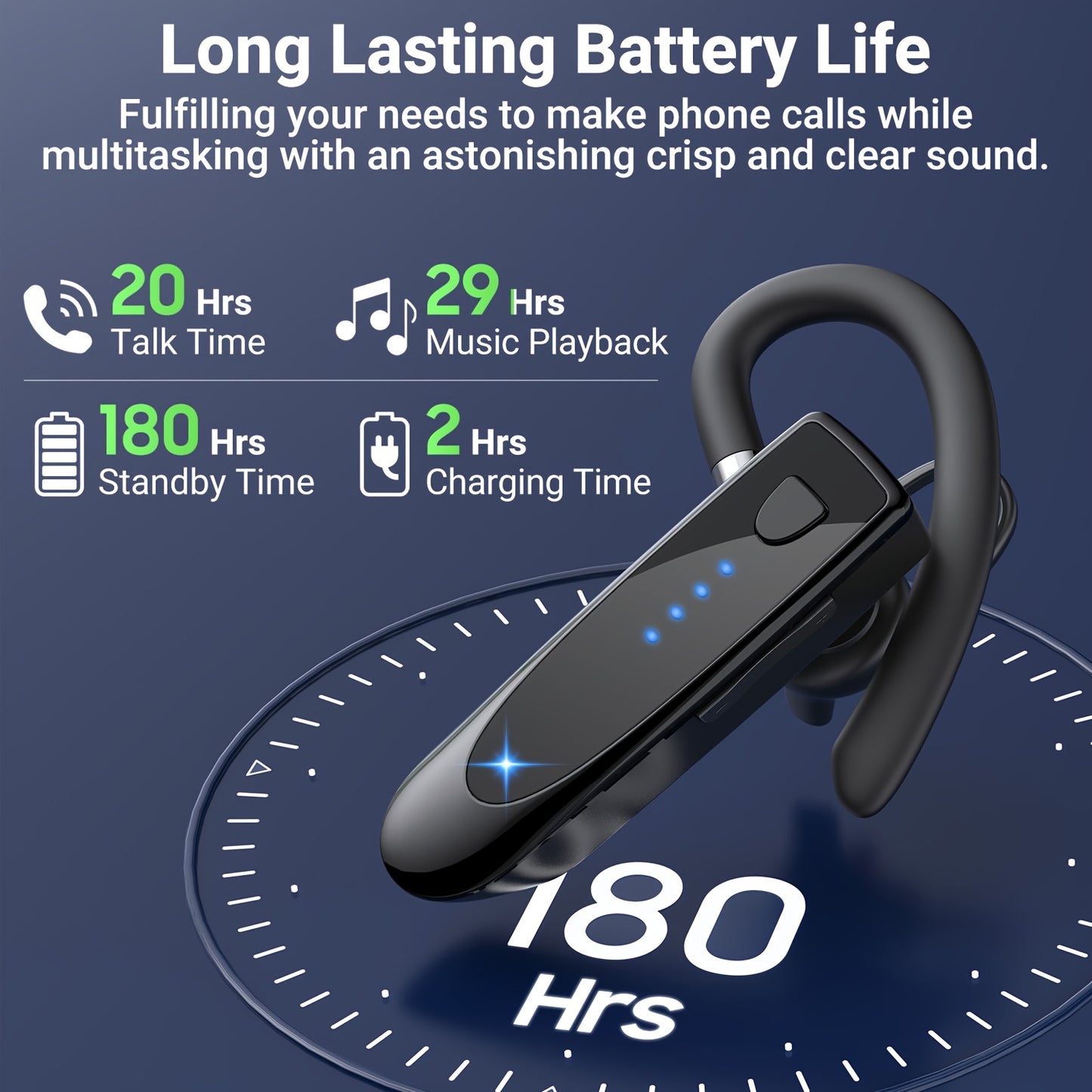 29Hr Music Playback Headphone with 180Hr Standby Time, Built-in Mic & Dual Device Connectivity, Lightweight In-Ear Design for Office, Trucker, Driver - USB Rechargeable