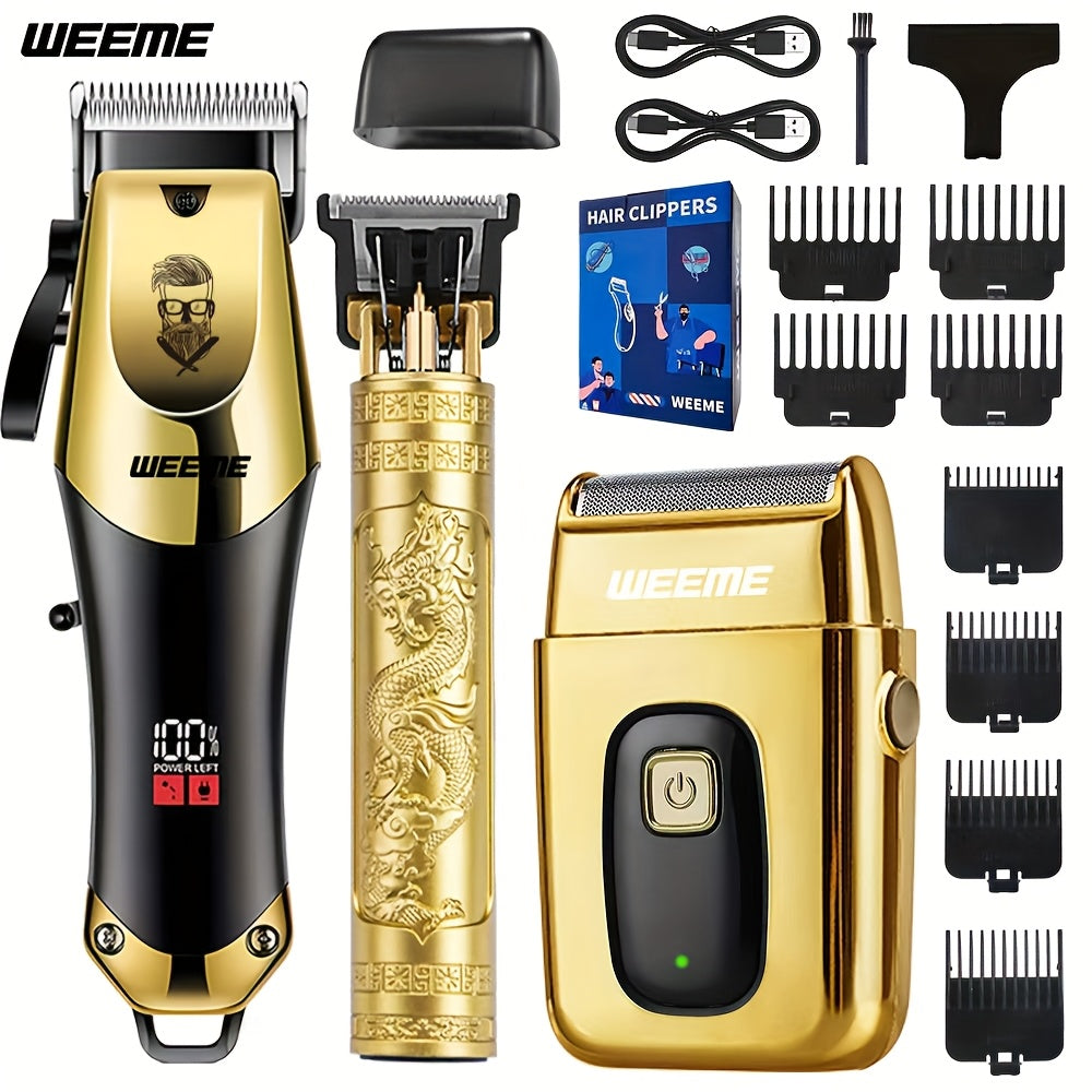3pcs Men's electric hairdresser set, hairdresser hairdresser set, household electric hairdresser set, USB charging electric hairdresser, alloy knife head, LCD display, carving shape, household car travel use, Father's Day gi