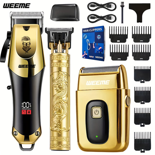 3pcs Men's electric hairdresser set, hairdresser hairdresser set, household electric hairdresser set, USB charging electric hairdresser, alloy knife head, LCD display, carving shape, household car travel use, Father's Day gi