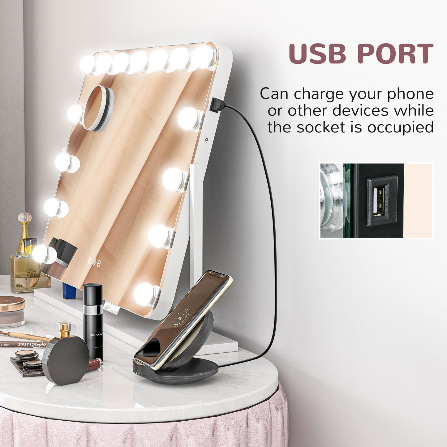 Hollywood Vanity Mirror with Lights, Large 63x50 cm Lighted Makeup Mirror with 3 Colour, 14 LED Bulbs, 10X Magnifying, USB Charging Port, Phone Holder, 360 Rotation, Touch Screen