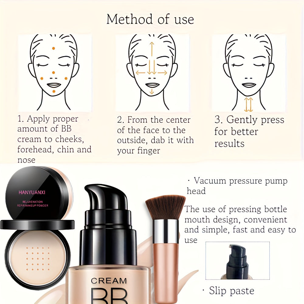 Flawless Face Makeup Kit- BB Cream & Makeup Powder & Brush, Includes Full Coverage Foundation, Moisturizing BB Cream, Waterproof Loose Setting Powder, Brush And Makeup Sponge, Hydrating Formula, Seamless Concealer, Longwear H