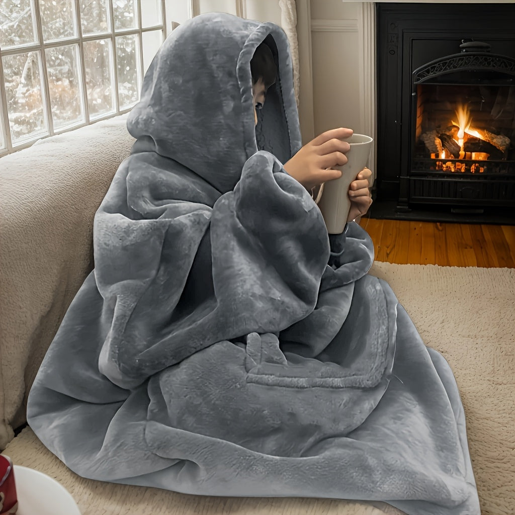 1pc Cozy Reversible Fleece Hooded Blanket with Kangaroo Pocket, Soft Velvet Wearable Throw, Knitted Polyester, Contemporary Style, Machine Washable, with Soft Velvet, for Sofa, Bed, and Holiday Gifts