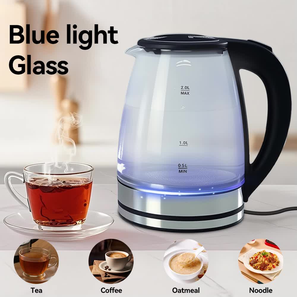 2L Electric Kettle Glass Fast Boil 1000W Teapot Blue LED With Stainless Steel Fast Boiling Auto Shut-off UK Plug