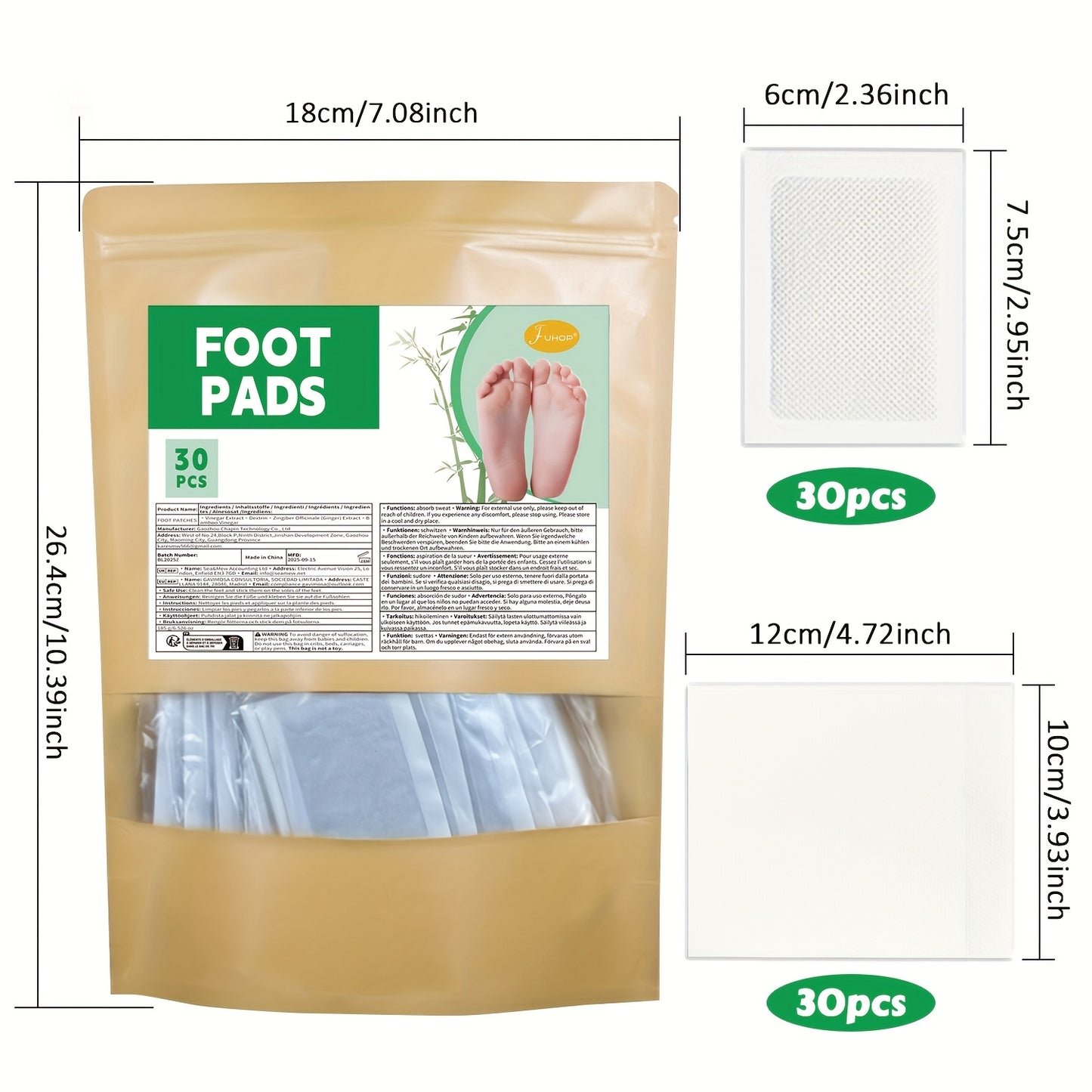 30 PCS Set Foot Patches, Natural Bamboo Wood Vinegar + Ginger Powder Foot Pads for Foot Care, After Foot Bath Pain Relief Relaxation Pads Outdoor Running Gym Cycling Health Care Accessories