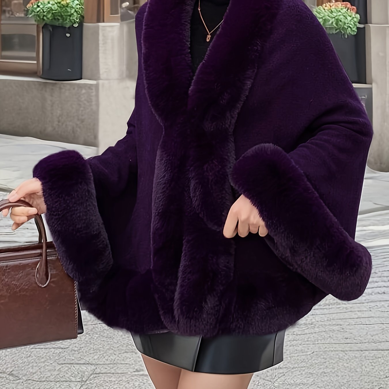 Plus Size Elegant Faux Fur Cape Coat for Women - Plush Purple Winter Coat with Contrast Collar, Warm Fall/Winter Outerwear, Non-Stretch Fabric, Stylish Black Skirt & Brown Handbag, Winter Coats for Women