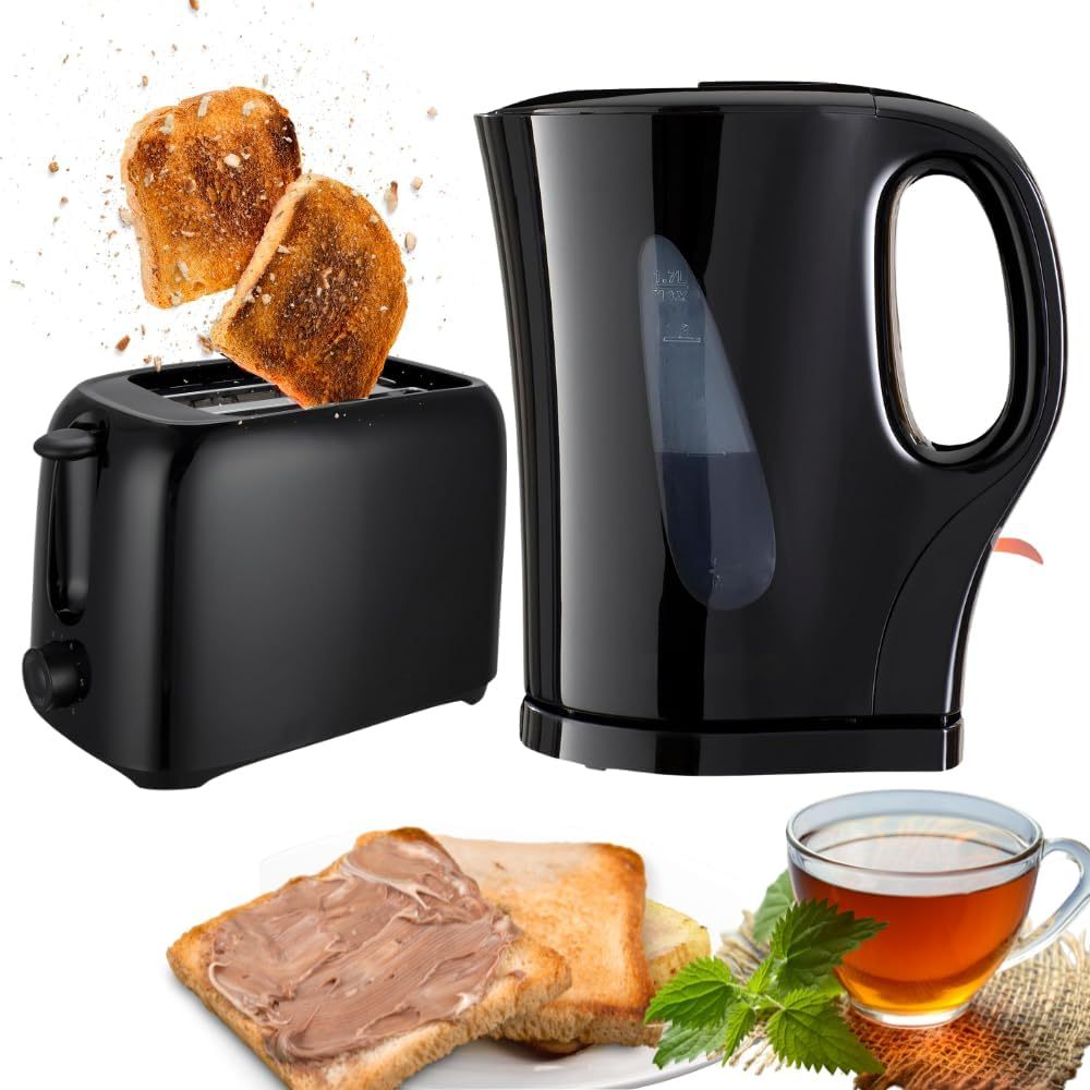 2 PCS Set Kettle & 2 Slice Bread Toaster Kitchen Combo Set | 2200W 1.7L Cordless Jug Kettle Boil Dry Protection & Auto Shut Off | 650W 6 Level with Browning Control & Crumb Tray (Black/White)