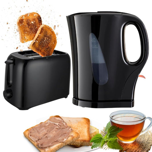 2 PCS Set Kettle & 2 Slice Bread Toaster Kitchen Combo Set | 2200W 1.7L Cordless Jug Kettle Boil Dry Protection & Auto Shut Off | 650W 6 Level with Browning Control & Crumb Tray (Black/White)