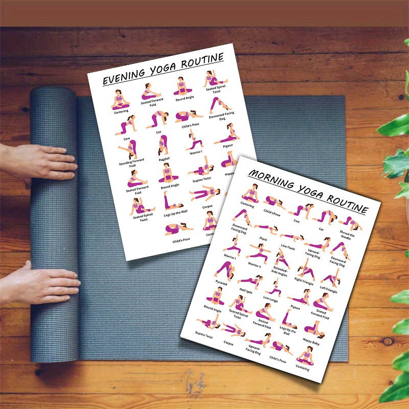 NEW Upgraded 2 PCS Home Gym Morning & Evening Yoga Routine Flow - 20.32x25.4cm Unframed Workout Guide with Poses & Stations for Home Gym, Pilates, and Stretching - White, Fitness Planner, Illustrated Poses, Quality Paper Mate