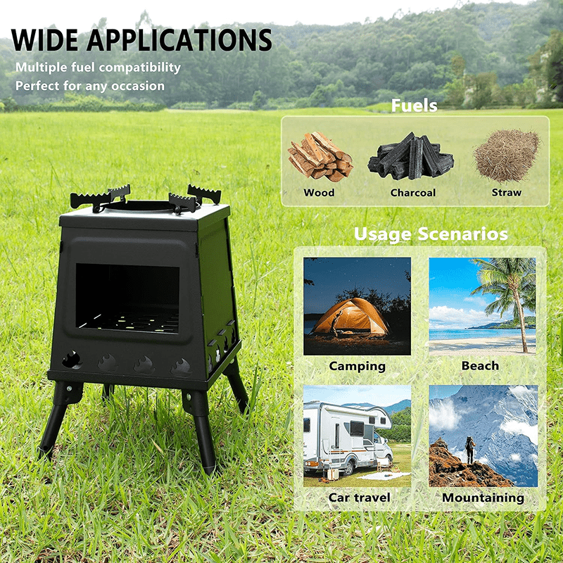 Heavy-Duty Portable Folding Fire Pit Stove - Wood Burning Camping Oven with Adjustable Pot Stand, Foldable Outdoor Cookstove for Camping, Backpacking, BBQ, Survival - Compatible with Wood/Charcoal/ (No Electricity)