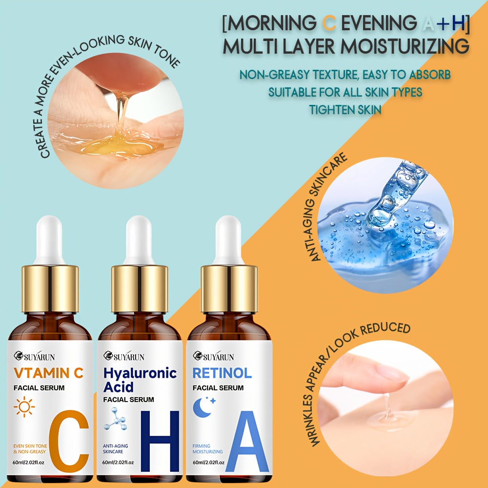 3 PCS Set 60ml Each Day & Night Vitamin C + Retinol + Hyaluronic Acid Triple Action Set, Enriched with Collagen, Aloe Vera, and Niacinamide, Brightens Complexion, Firms Skin, Deeply Hydrates, and Evens Light Beige. Gentle, Oi
