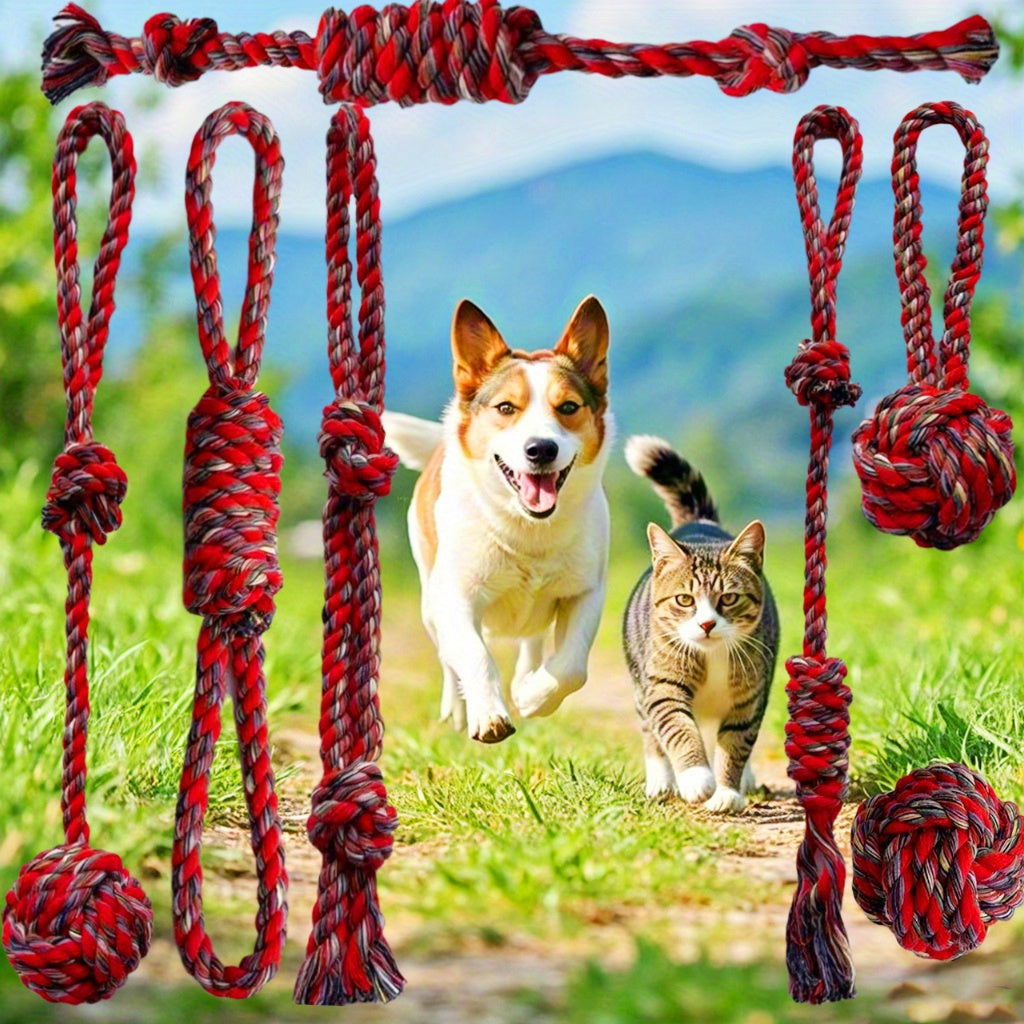 7 PCS Set of Red Dog Chew Rope Knot Toys, Durable Training Interactive Dog Rope Toys, Suitable for Various Sizes of Dogs for Play and Interaction. Multifunctional Teeth Grinding Rope, Indoor and Outdoor Training and Teeth Cle