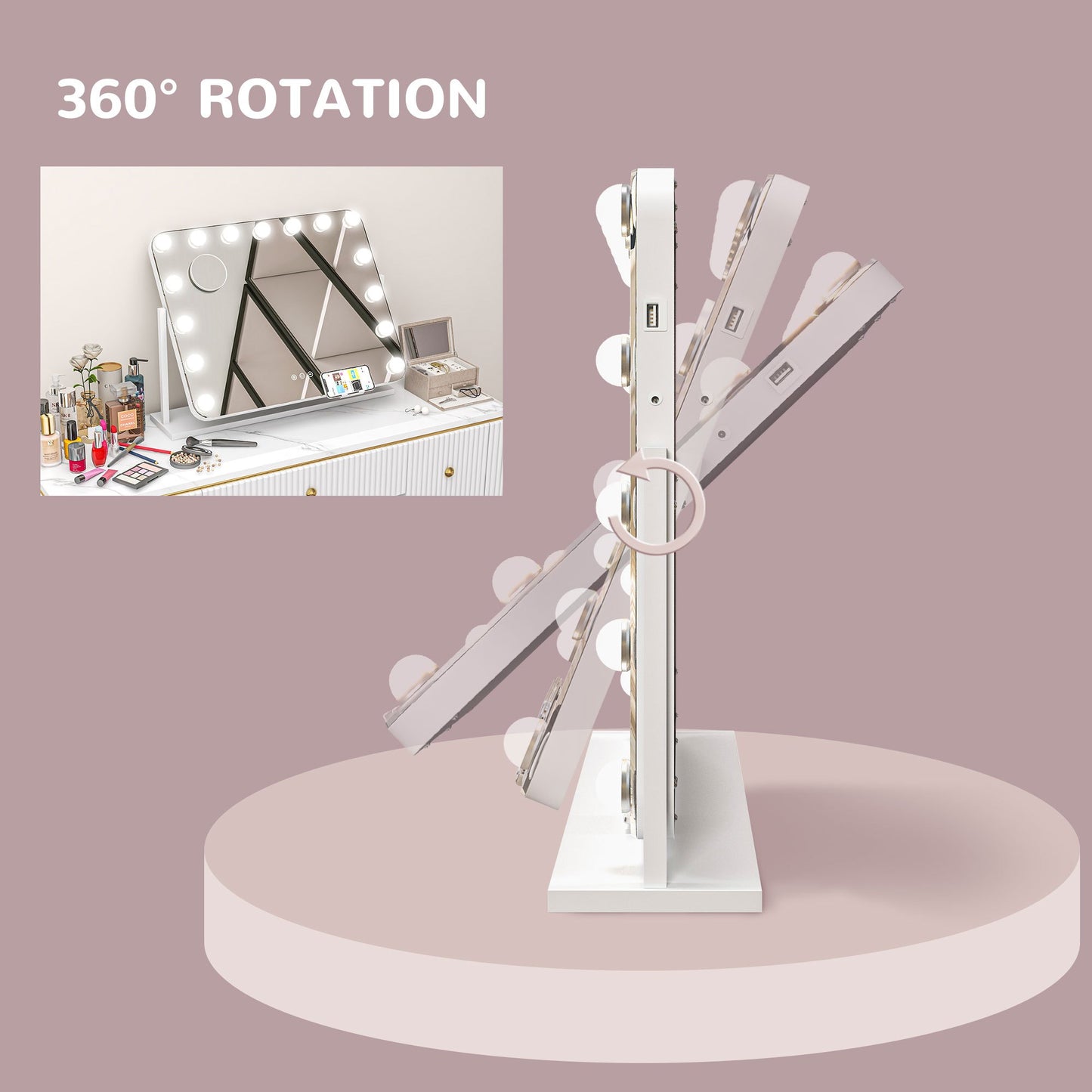 Hollywood Vanity Mirror with Lights, Large 63x50 cm Lighted Makeup Mirror with 3 Colour, 14 LED Bulbs, 10X Magnifying, USB Charging Port, Phone Holder, 360 Rotation, Touch Screen