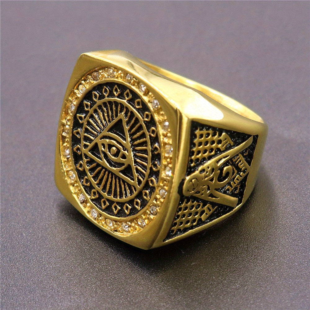 Illuminati Secret Society Men's Fashion Ring, Freemason All-Seeing Eye Design, 304L Stainless Steel Material, Hypoallergenic, Suitable for Daily Wear, Parties, and Ceremonies