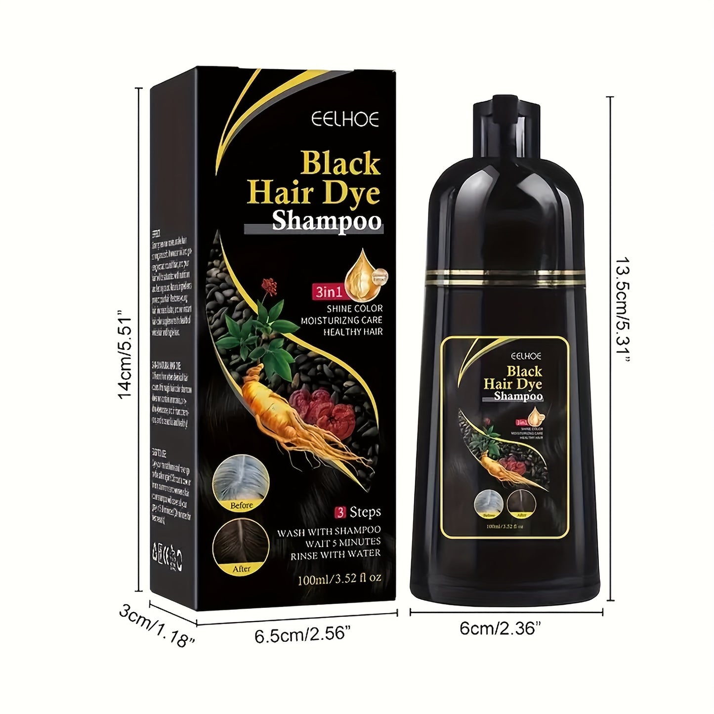 3-in-1 Black Hair Dye Shampoo Bottle, Using Natural Plant Pigments, Suitable for Both Men and Women, Color Changing Shampoo, Quick Gray Coverage, Natural Formula, Plant-Based Hair Care, Dual-Use Shampoo, Essential Hair Care P