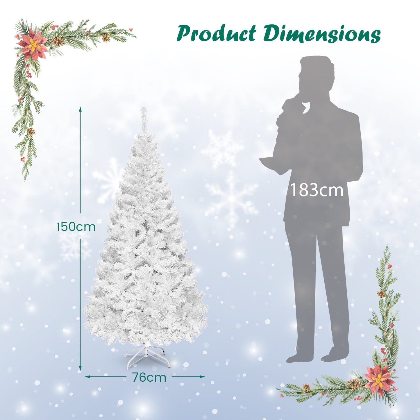 5FT Christmas Tree, Artificial Xmas Decoration Tree with 350 PVC Branch Tips & Metal Stand, Dreamy Holiday Festive Celebration Tree for Home, Office & Shop, Quick Setup, White
