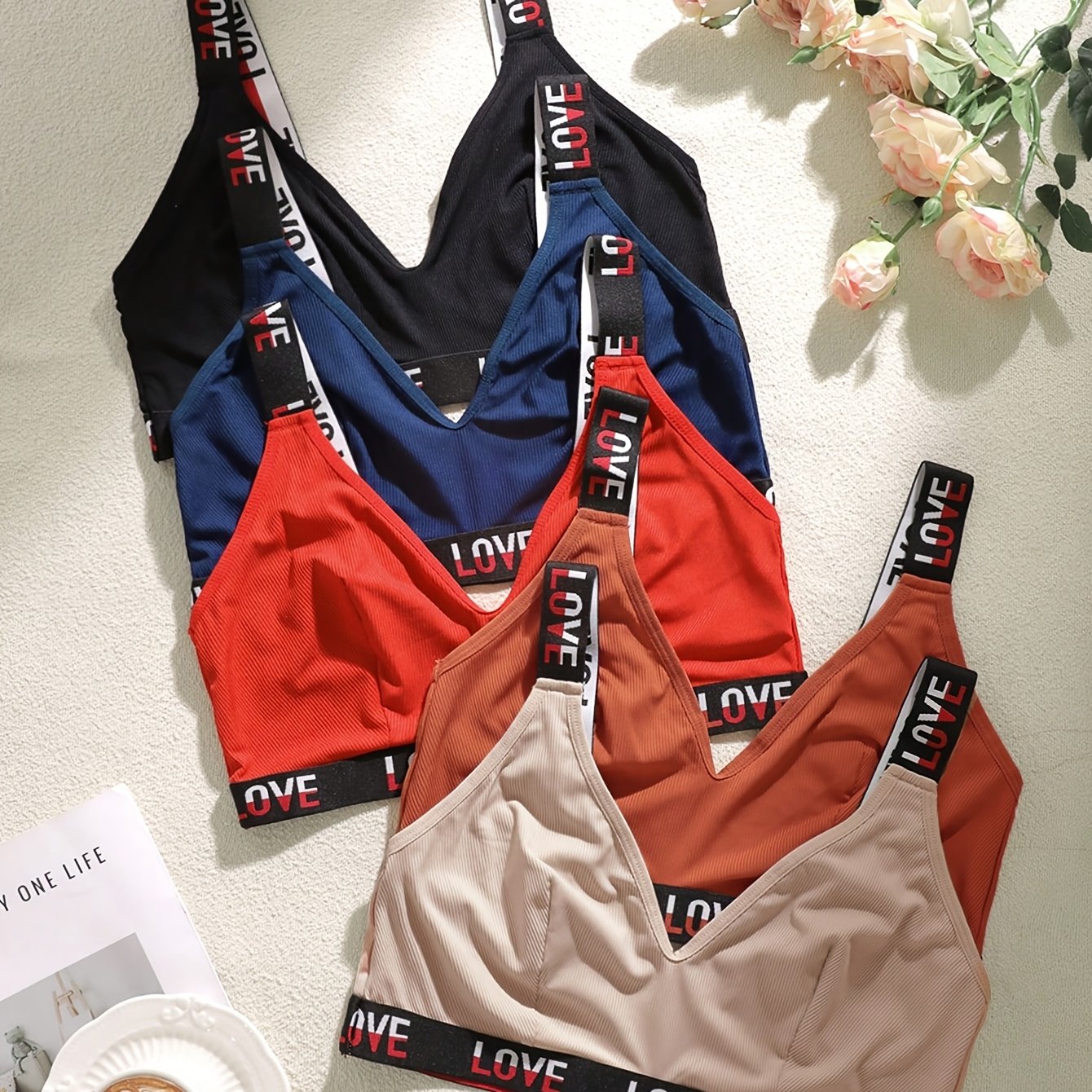 5 PCS Set Comfortable Minimalist Fabric Women's Plus Size Bras | Wireless, Alphabet Pattern, No Padding Tops
