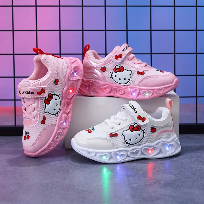 Girls' Glow-In-The-Dark Sneakers with Lights - Pink & White Kitty Design, Soft EVA Cushioned Insole & Durable PVC Sole, Breathable Mesh & Fabric