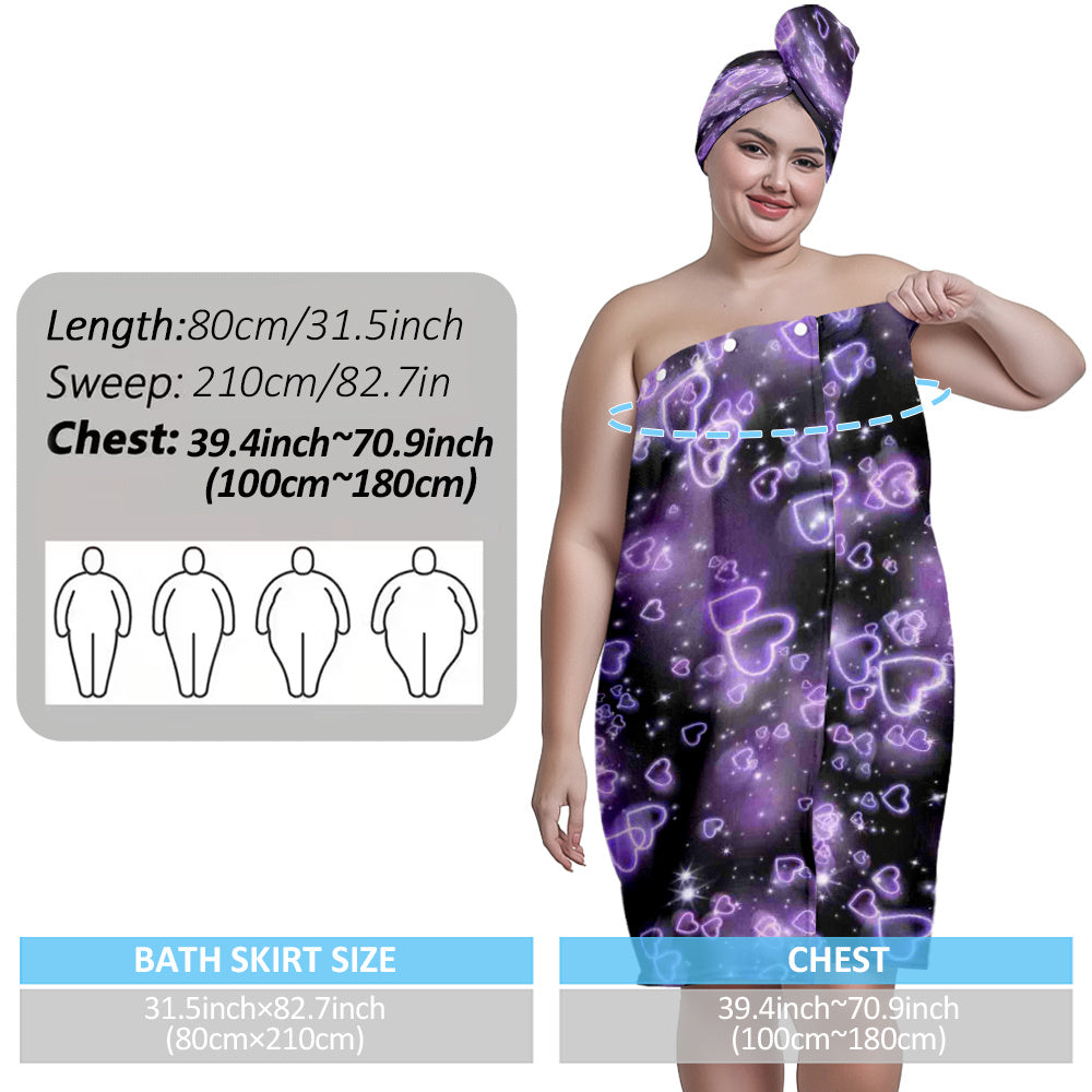 2 PCS Set Hair Turban +  S-4X Large Bathrobe with Purple Heart Pattern, Featuring a Dreamy Romantic Style Matching Headscarf, Soft, Comfortable and Soft for Bathing, Women's Wearable Bathrobe Towel