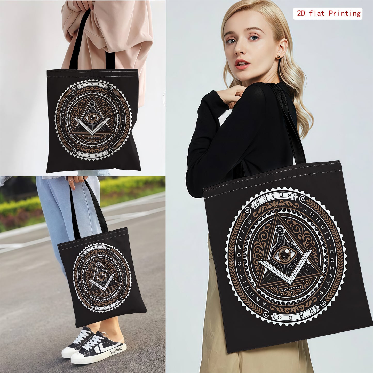 Secret Society 2D Printed Single-shoulder Bag with Illuminati Symbol and All-Seeing Eye Pattern, a Stylish and Minimalist Shopping Bag, Casual Handbag, Ladies' Tote Bag, Suitable for Daily Shopping and Holiday Event Gifts, fo