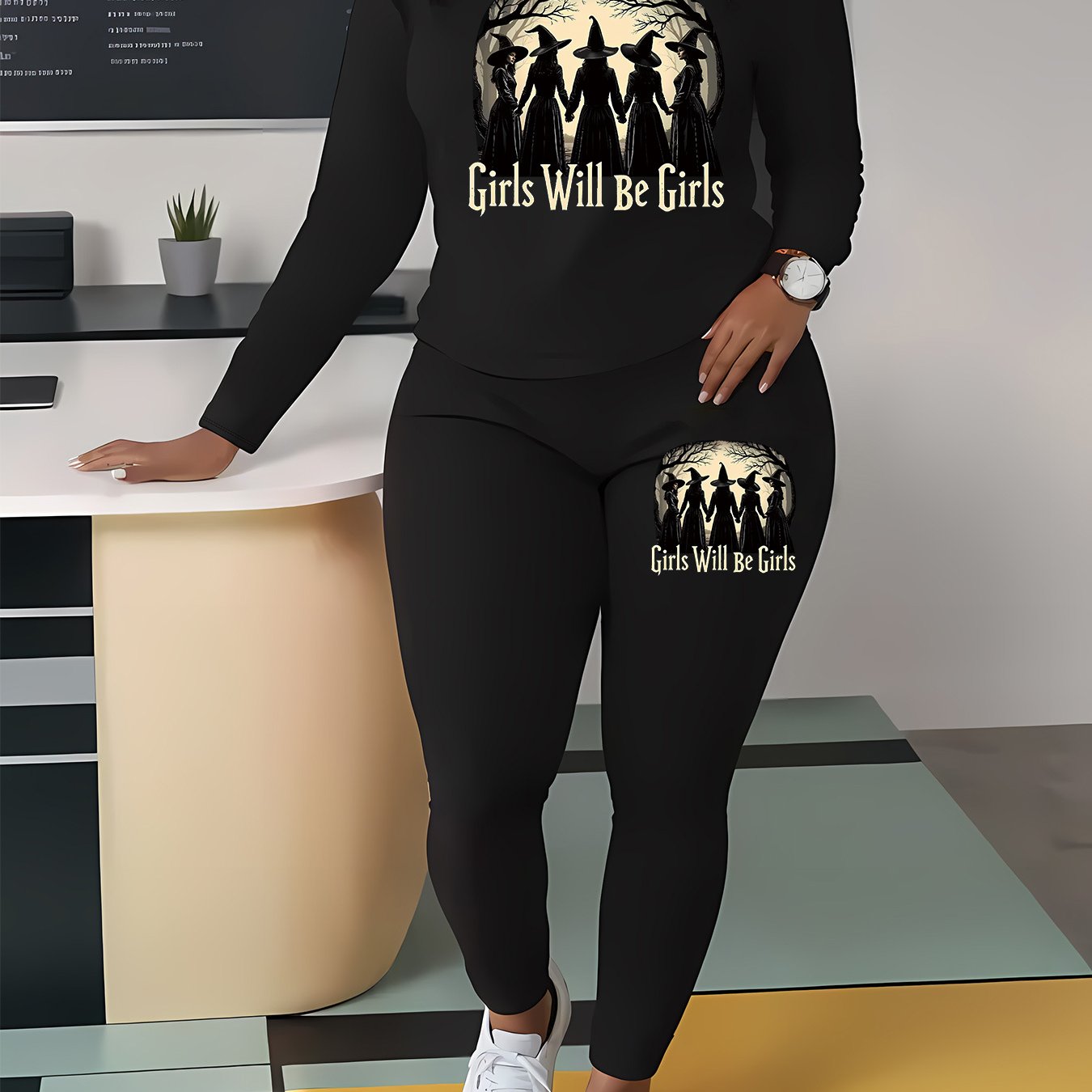 2 PCS Set XL-5XL Plus Size, Curvy Women's Casual Fashion Round Neck Oversized Long Sleeve T-Shirt and Pants Set, Letter Print, Suitable for All Seasons, Women's Summer Outfit, Halloween Costume with "s Will Be s" Witch Silhou