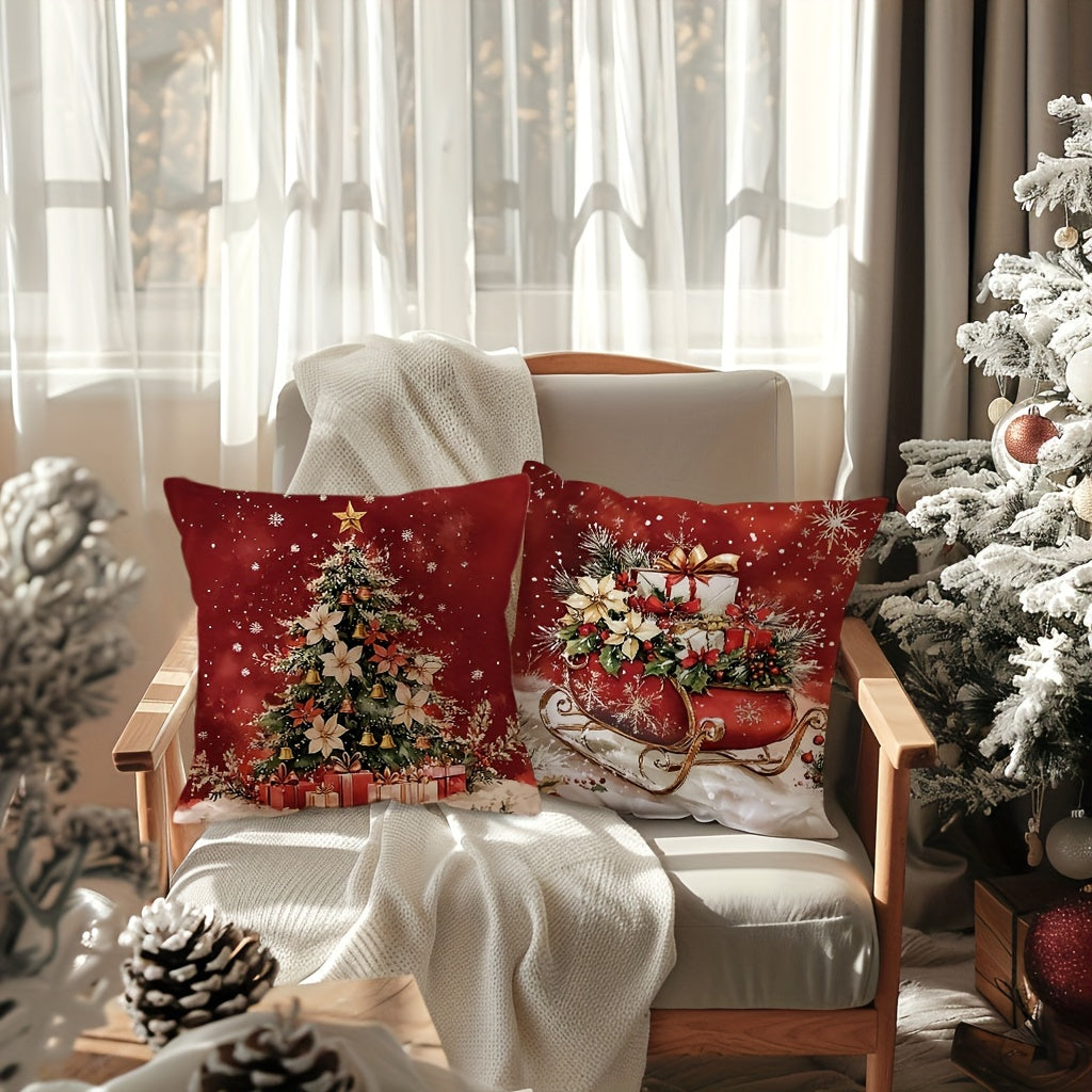 4pcs Festive Christmas Throw Pillow Covers, 45.72x45.72 cm, Zipper Closure, Retro Santa & Snowman Designs with Gift Boxes and Wreaths, Farmhouse Holiday Decor for Porch, Patio, Couch, Sofa, Living Room – No Inserts Included