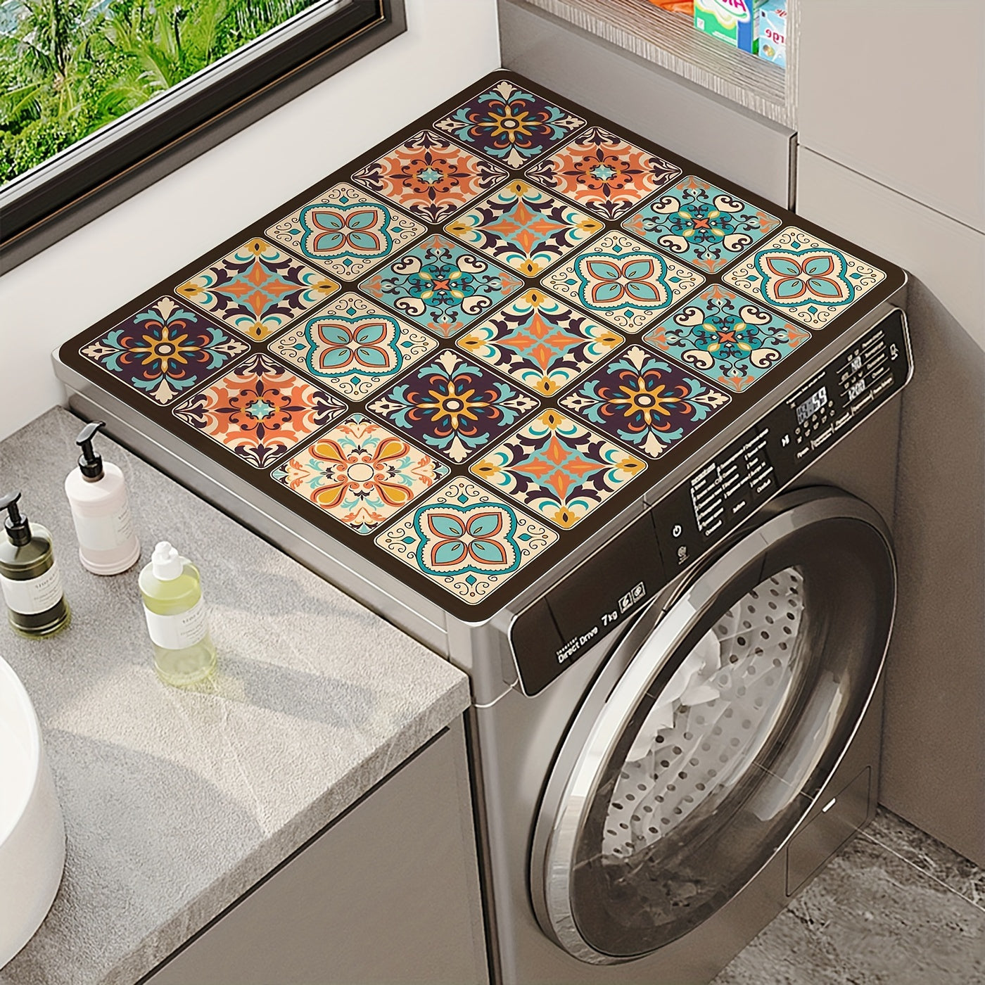 Vibrant Retro Mosaic Washing Machine Cover - Waterproof & Durable Diatomaceous Earth Material, 59.99cm X 50.01cm, Colorful Floral Patterns, Ideal for Kitchen Or Laundry Room Deco