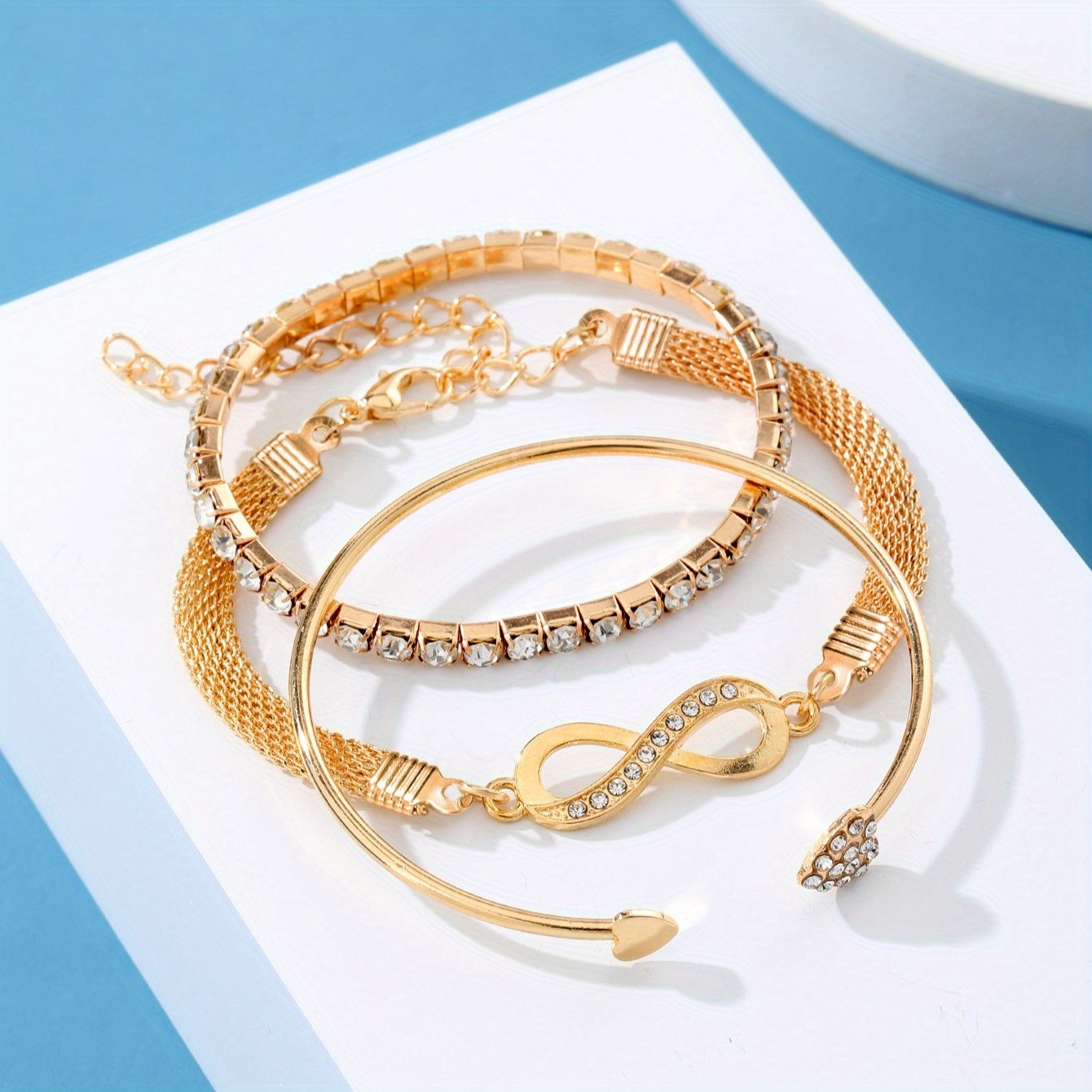 3 PCS Set Women's Bracelet and Bangle Set, Fashionable Elegant Rhinestone Infinity Symbol Tennis Chain Open Cuff Bracelet Collection for Christmas Thanksgiving Halloween Party Gift, Bracelets for Women, Bracelets for Women Hi