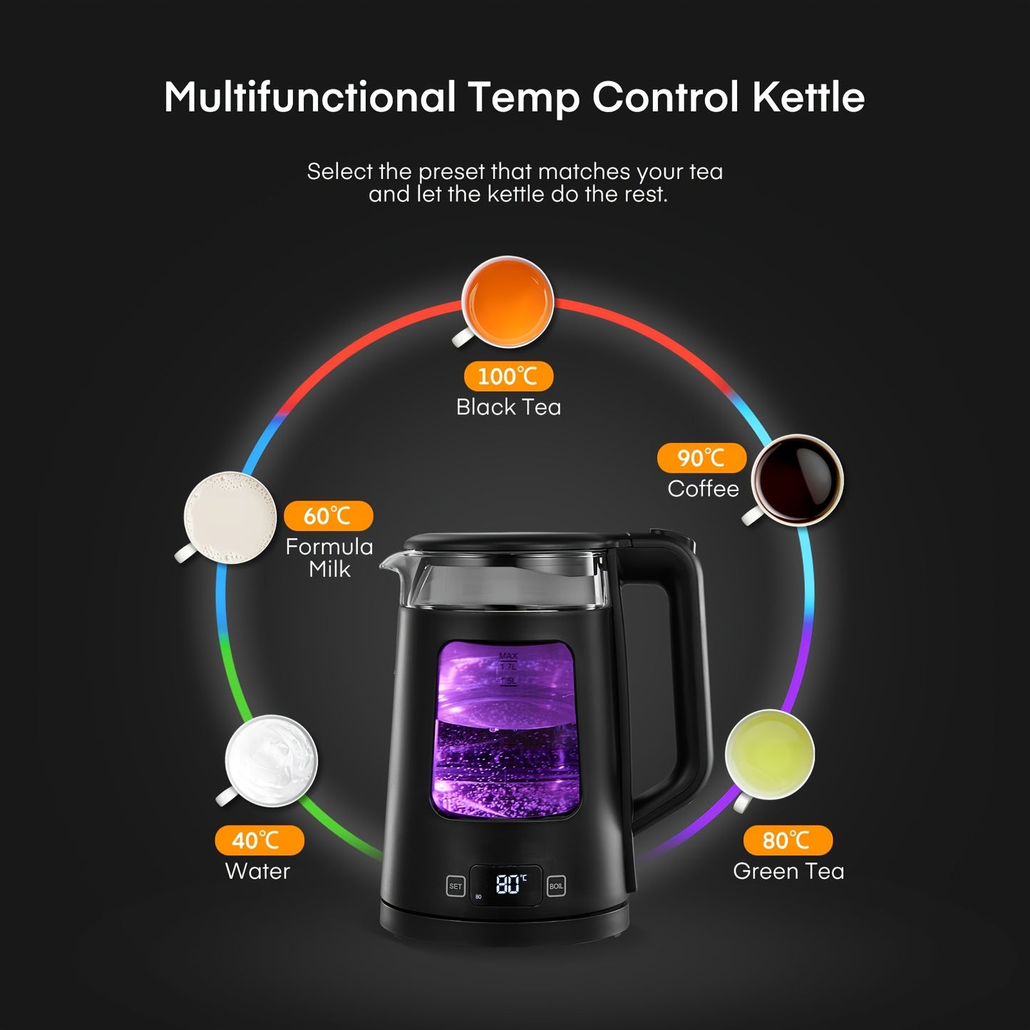 1.7L Glass Electric Kettle with Keep Warm, 5-Temperature Control (Chiller Mode), 2200W Fast Boil, Auto Shut-Off & Boil- Protection, & 5- Indicator, UK Plug (220-240V) - Tea Maker & Beverage Dispenser
