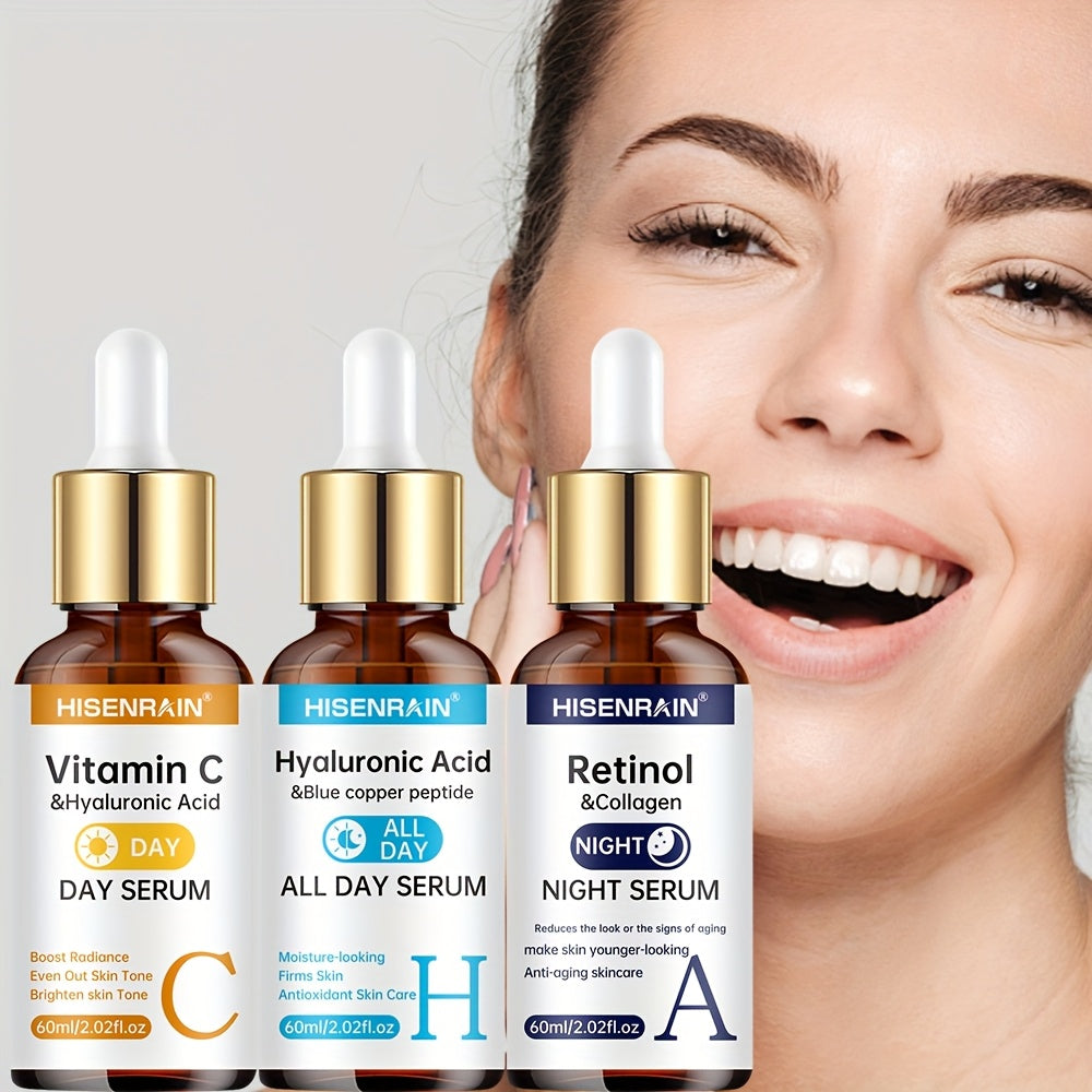 3 PCS Set All Day & Night Serum Set with Vitamin C + Retinol + Hyaluronic Acid (Contains Collagen + Peptides + Various Vegetable Oil Extracts) -Brightens Light Beige, Firms Skin, Controls Oil & Moisturizes, Deeply Hydrates. D