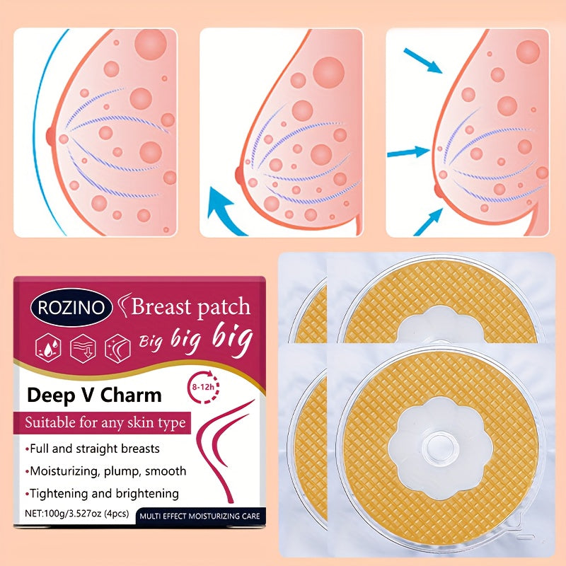 4 PCS Set Vitamin E  Instant Firming Breast Patches, Suitable for A-D+ Sizes, Designed for a Deep V Charm, Providing Full And Straight Breasts. They Moisturize, Plump