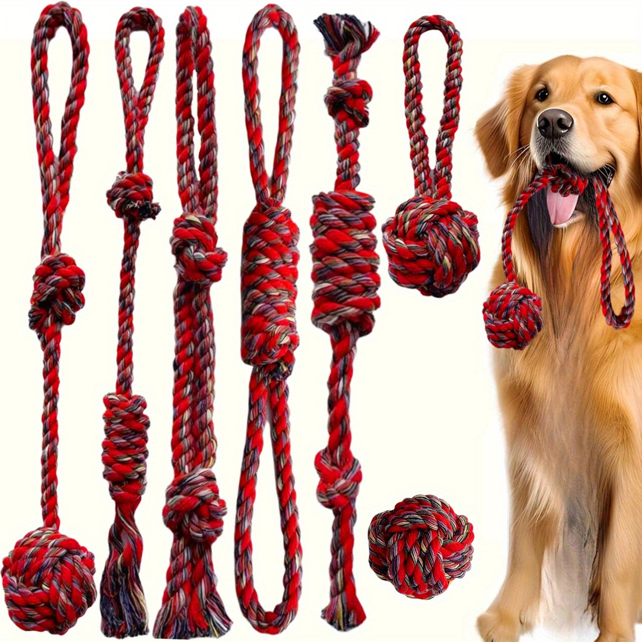 7 PCS Set of Red Dog Chew Rope Knot Toys, Durable Training Interactive Dog Rope Toys, Suitable for Various Sizes of Dogs for Play and Interaction. Multifunctional Teeth Grinding Rope, Indoor and Outdoor Training and Teeth Cle