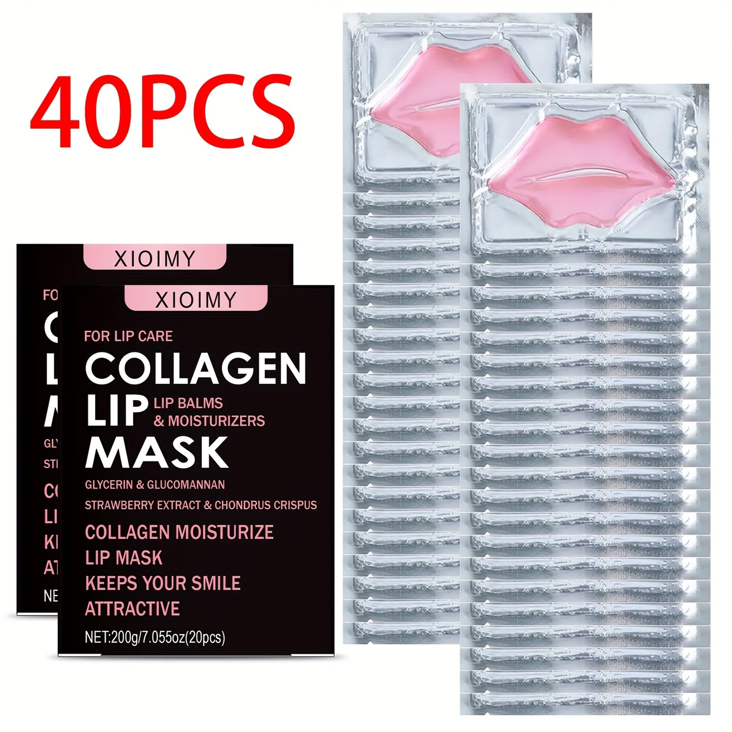 40 PCS Set of Collagen Pink Lip Mask, Providing Long-lasting Nourishment, Moisturization, Overnight Lip Mask, Individually Wrapped Lip Patch, Brightening Lip Skin, Making Lip Skin Brighter and More Delicate, Suitable for All