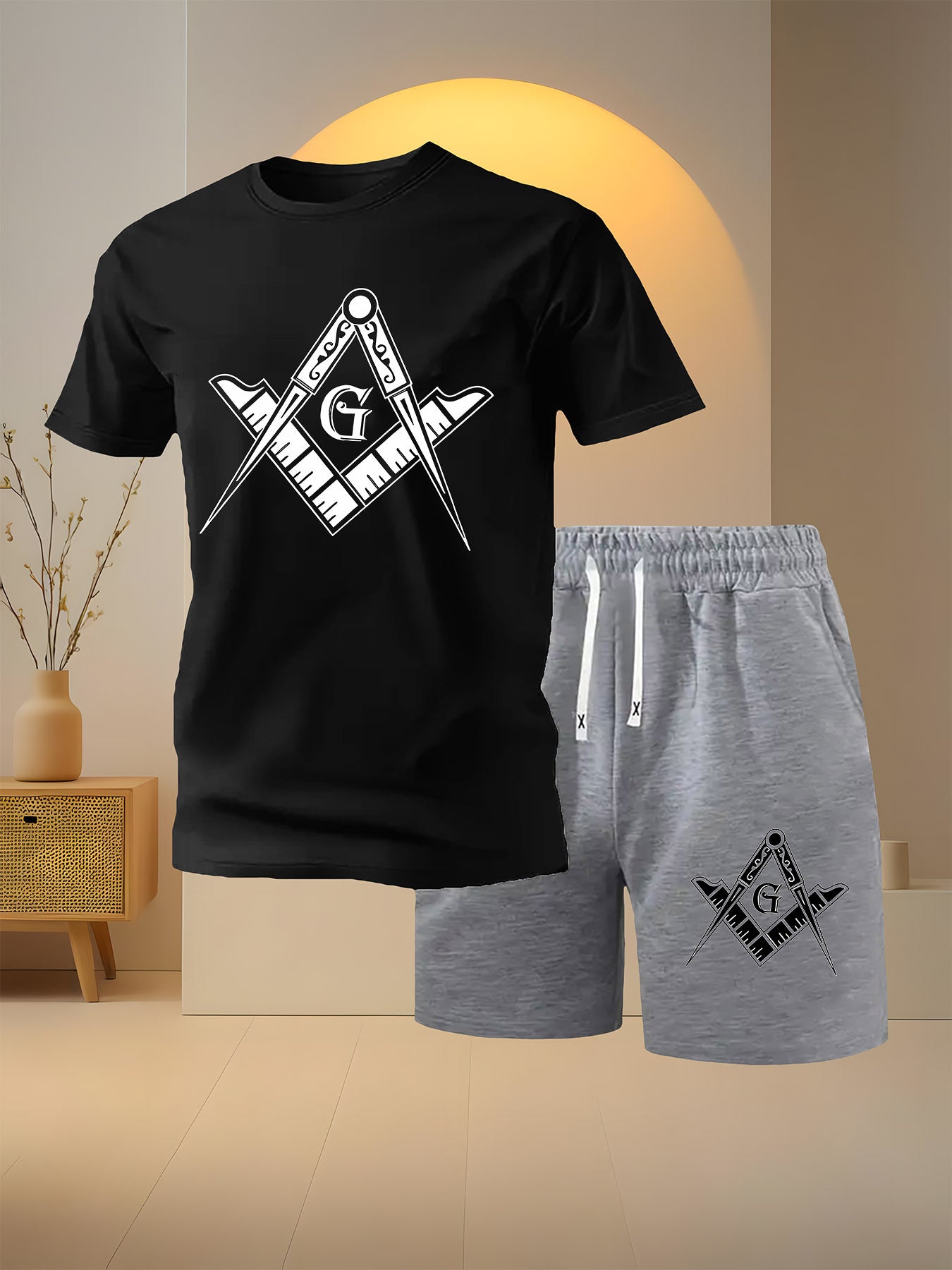 2 PCS Set Freemasonry Logo Print Men's Fashion Casual, Round Neck Short Sleeve T-Shirt and Drawstring Shorts Spring Summer Sportswear Outfit