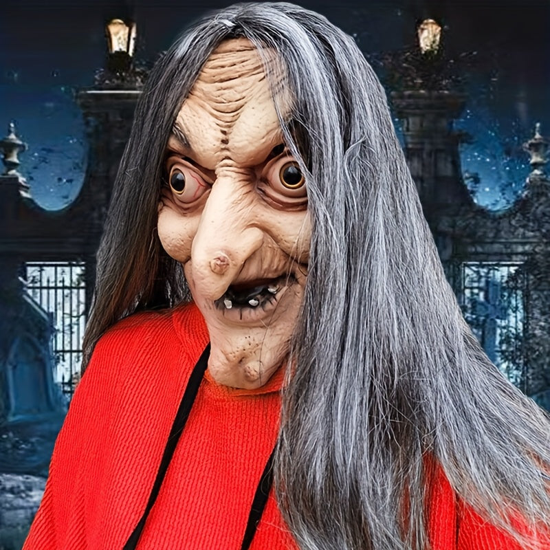 Realistic Witch Latex Mask - Scary Full Face Halloween Costume Accessory with Long Gray Hair & Wrinkled Features for Parties, Performances, and Role-Playing, Themed Party Mask | Scary Character Visage | Latex Full Mask