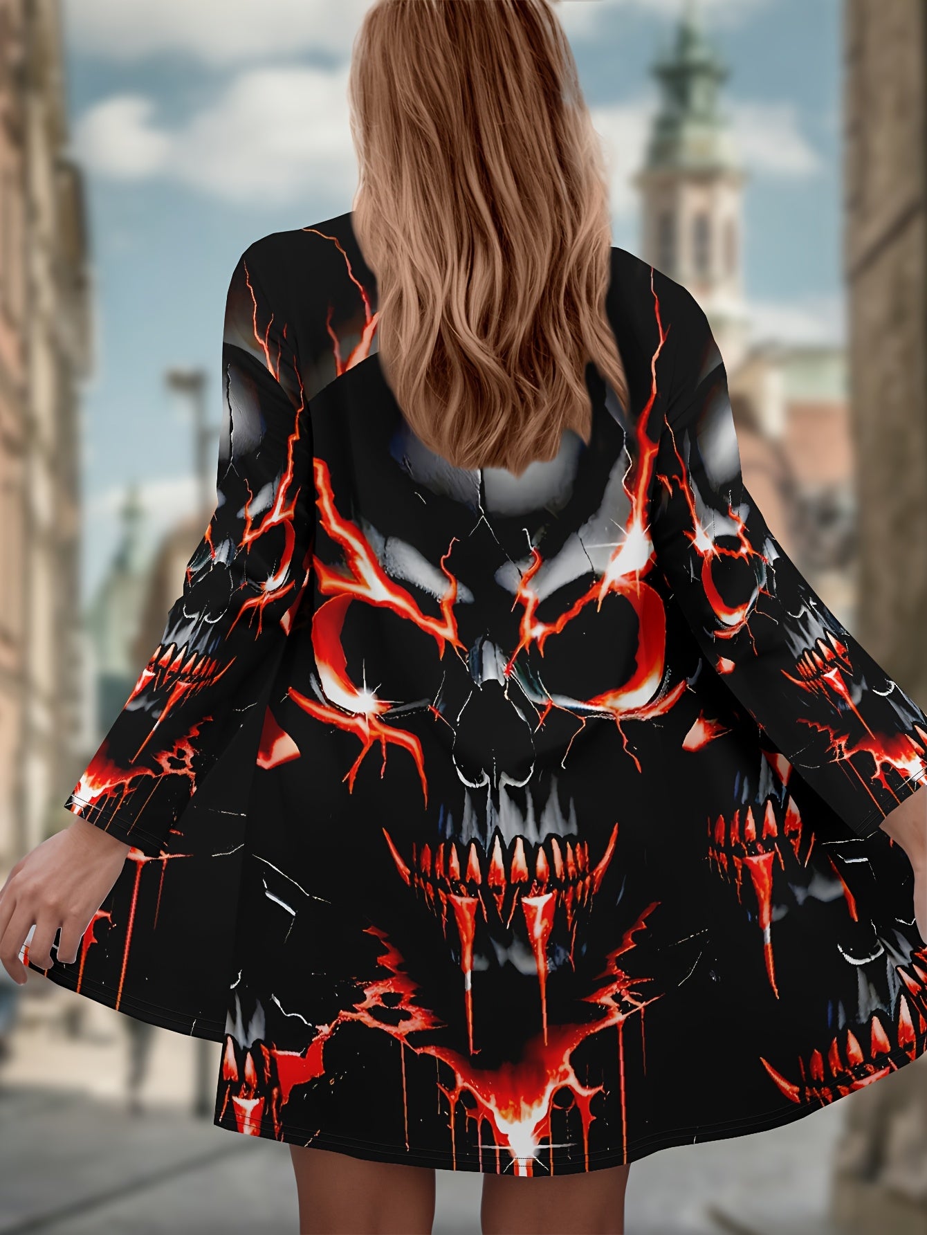 XL-5XL Plus Size, Gothic Punk Casual, Comfortable, and Elegant Style Painting Skull Element Print Pattern Women's Jacket
