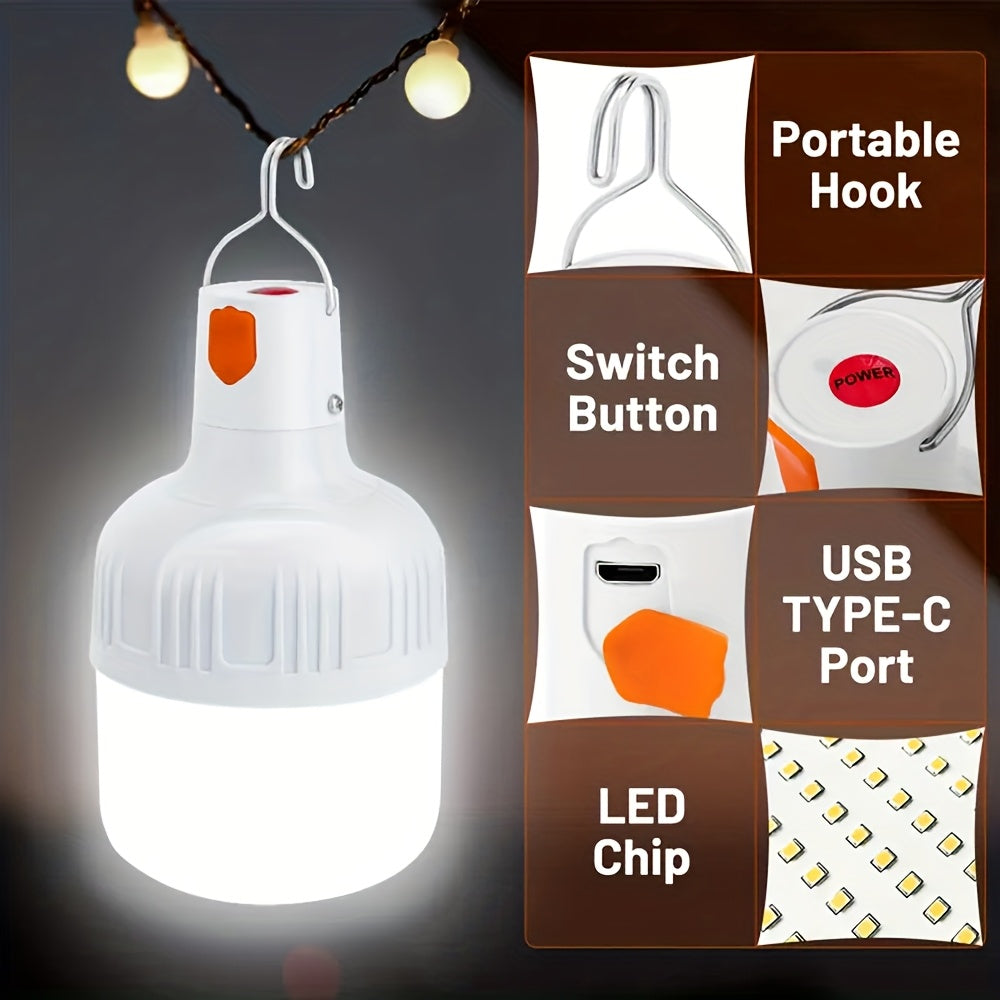 4 PCS Set Rechargeable LED Camping Bulbs, USB-Charging Portable Lanterns, High-Brightness Lighting with Hooks for Camping, Fishing, Yard, Street Vending, Emergency & Commercial Use
