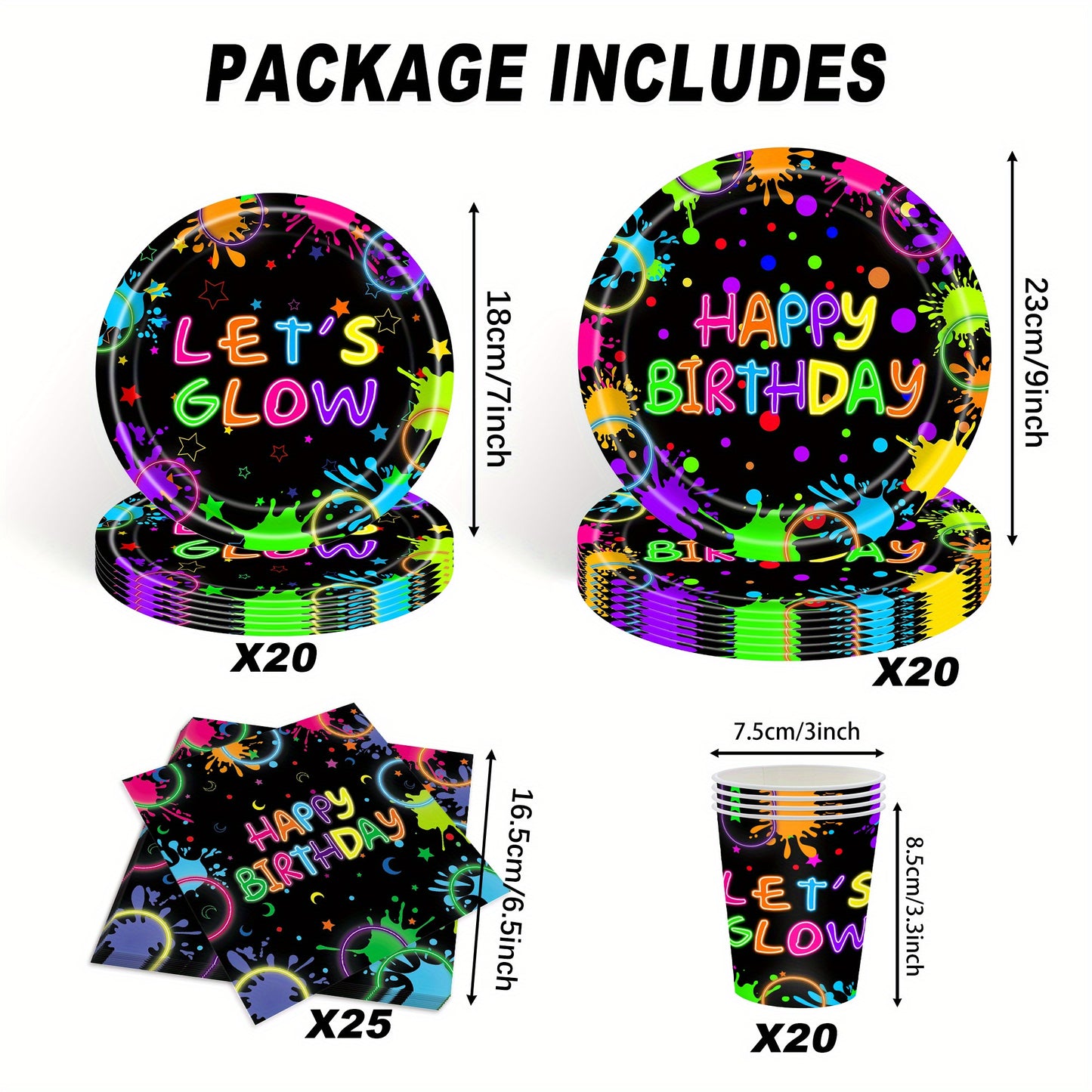 85pcs Glow-in-the-Dark Birthday Party Supplies Set - Neon Glow-in-the-Dark Plates, Cups, and Decorations for a Fun and Festive Celebration, Party Supplies | Neon Glow Effect | Paper Plates, Birthday Party Decorations, Paper N