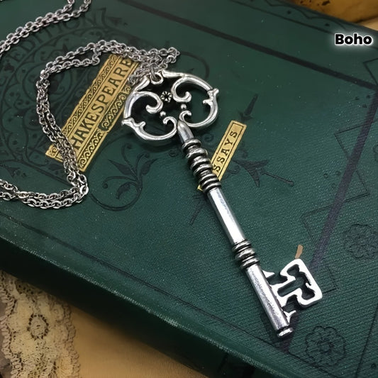 Bronze and Ancient Silvery Gothic Mysterious Magic Solomon Key Pendant Charm Necklace, Witchcraft Jewelry Gift Vintage Necklace For Women and Men
