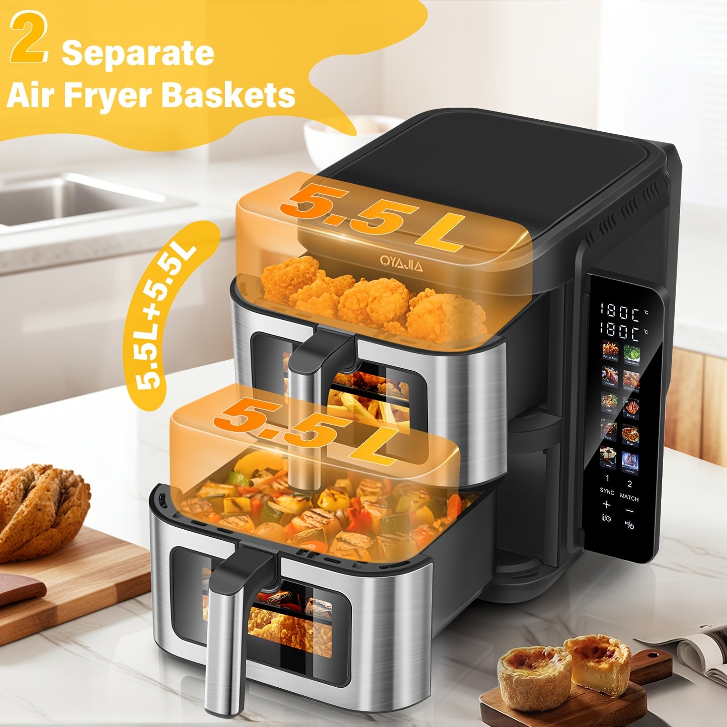 Professional 2800W Dual-Cavity 11L Family Air Fryer with Dual Drawers & Viewing Window, 10-in-1 Cooking (Air Fry/Bake/Roast), Heavy-Duty ABS/S Stainless, Oversized Basket for whole Chicken, Dishwasher-Safe for Large Gathering