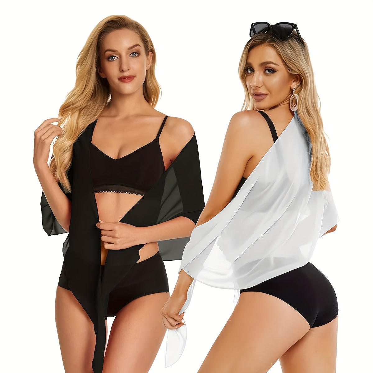 2 PCS Set Women's Black And White Beach Shawl Swimsuit Wrap Skirt Transparent Bikini Swimsuit Swimwear Set, Suitable for Beach Strolls