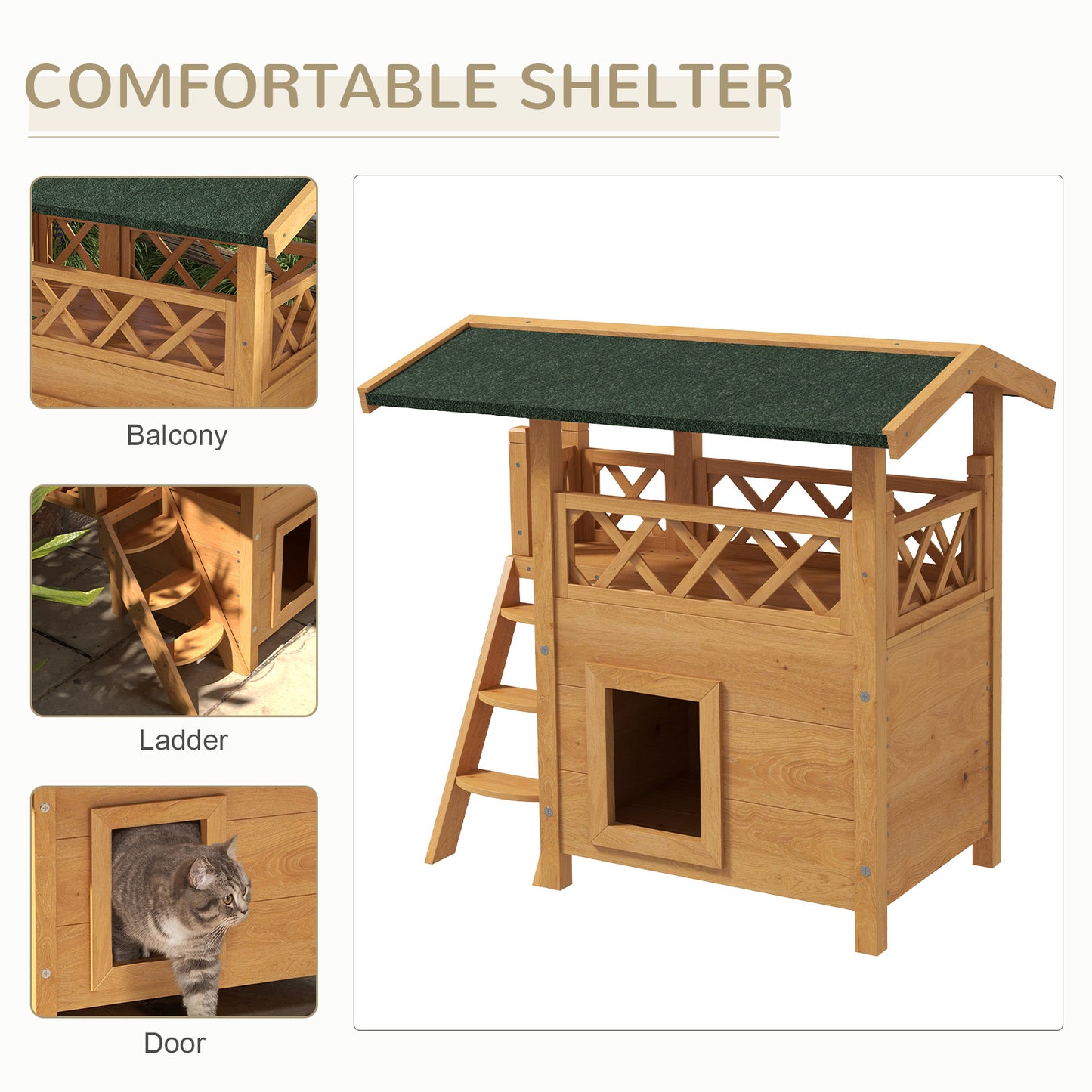 Outdoor Cat House Kitten Shelter Puppy Kennel with Balcony Stairs Asphalt Roof, 77 x 50 x 73 cm