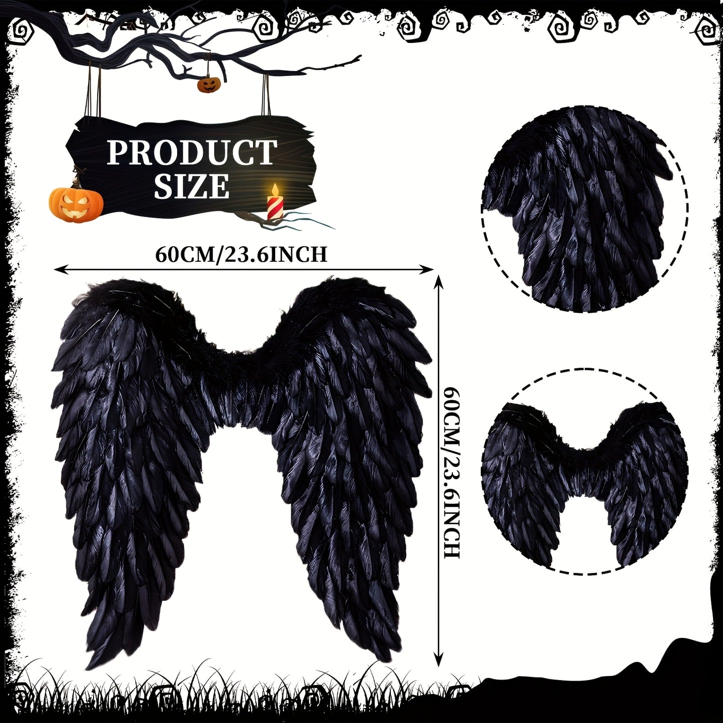 3 PCS Set Black Fallen Angel Costume Accessories Set, Including Wings Devil Horns Headband Witch Cane Halloween Clothing Supplies