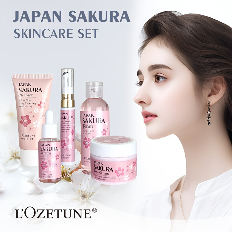 5PCS Set Japanese Sakura Cherry Blossom Skincare Set: moisturizing toner, eye cream, cleanser, face cream, cherry essence. Fits all Light Beige (dry, normal, combination). Great for post-facial hair removal