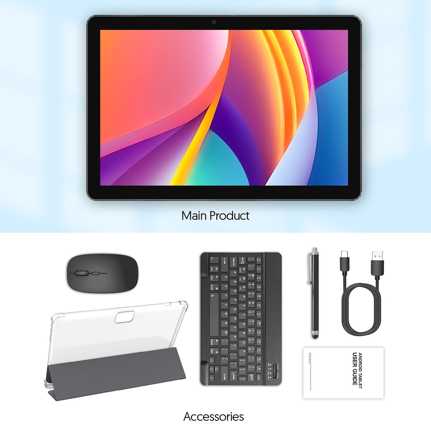 Android Tablet with Keyboard, Android 15 Tablet 10 Inch with 12(3+9)GB+64GB, 1TB Expand, 4-Core, 6000mAh, 2.0MP+8.0MP Dual Camera 5G WiFi6, 1280x800 HD Touchscreen