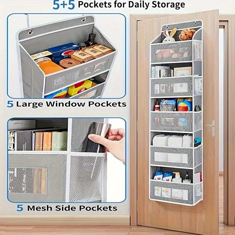 Durable 5-Tier Door Storage Rack - No-Drill Anti-Tip Door Hanging Rack, 44 Lbs Capacity (19.96 Kg), Space-Saving Hanging Storage Shelf, Suitable for Closets, Bathrooms, Kitchens, Nurseries - Easy-To-Clean Fabric Structure, Pe