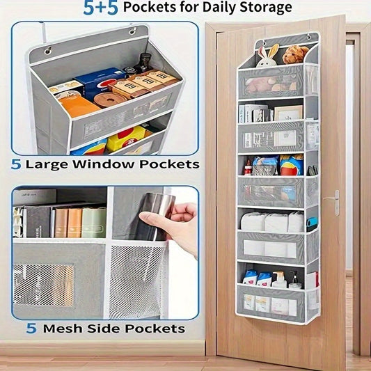 Durable 5-Tier Door Storage Rack - No-Drill Anti-Tip Door Hanging Rack, 44 Lbs Capacity (19.96 Kg), Space-Saving Hanging Storage Shelf, Suitable for Closets, Bathrooms, Kitchens, Nurseries - Easy-To-Clean Fabric Structure, Pe
