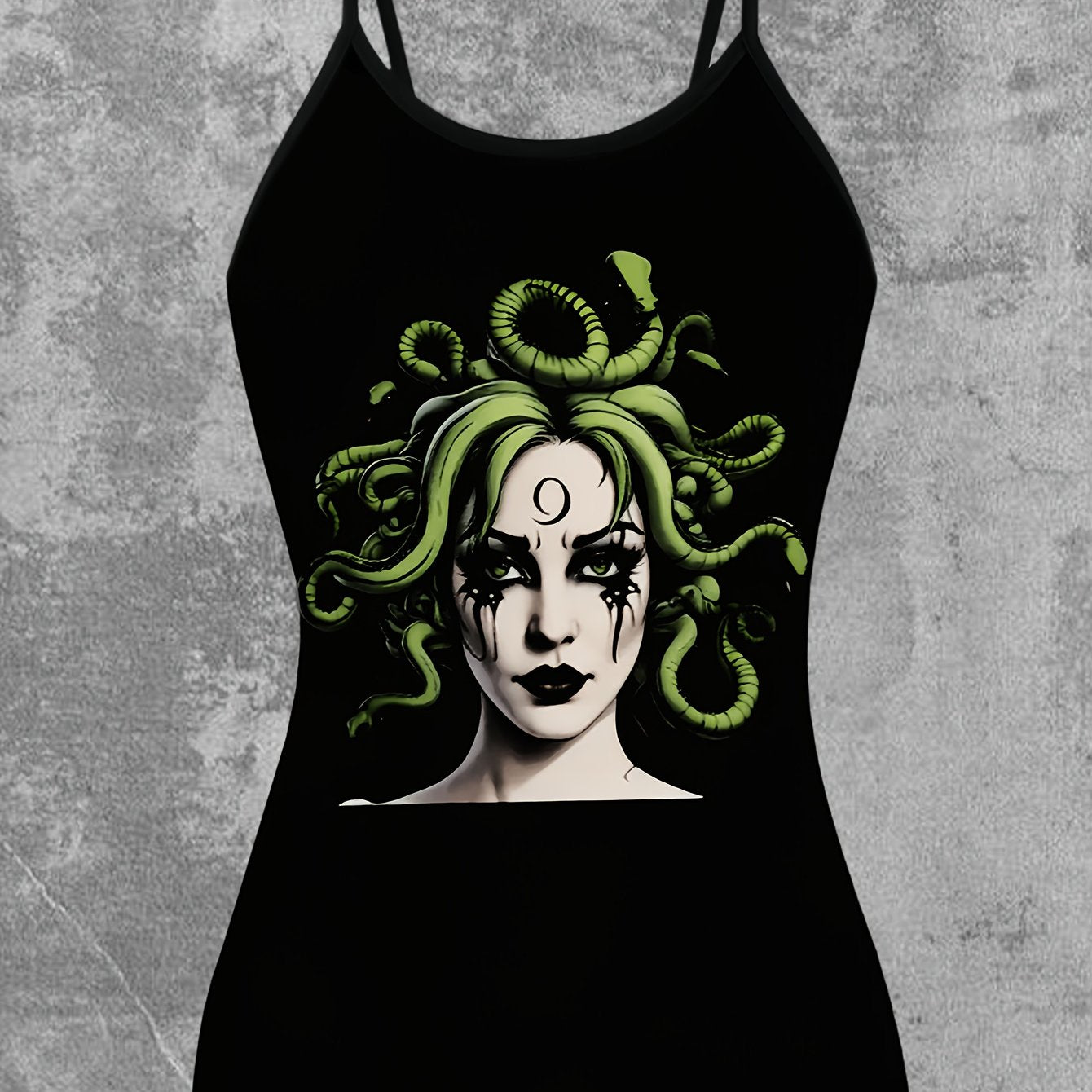 Women's Greek Goddess Medusa Print Sleeveless Dress-like Top - Greek Key & Medusa Design, Black & Green Summer Blouse, Machine Washable Elegant Casual to Party Wear, Backless Tops For Women, Backless Blouse, Festival Tops, Ba