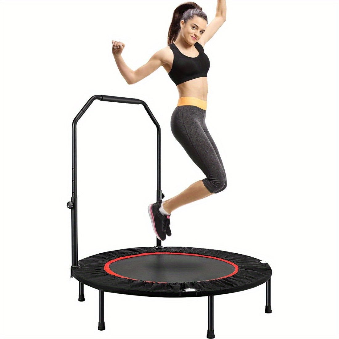 For Home Gym 40 inch Foldable Fitness Trampoline Max Load 400lbs Foldable Exercise Rebounder with 5 level Adjustable Handrail Indoor Outdoor Fitness Body Exercise